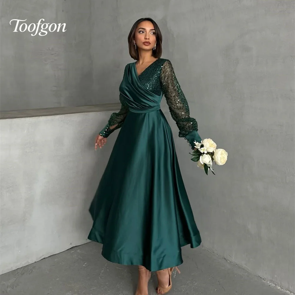 Toofgon Customized Dark Green Satin A Line Evening Dresses V Neck Long Sequined Sleeve Prom Gowns Special Occasion Party Dress
Toofgon Customized Dark Green Satin A Line Evening Dresses V Neck Long Sequined Sleeve Prom Gowns Special Occasion Party Dress