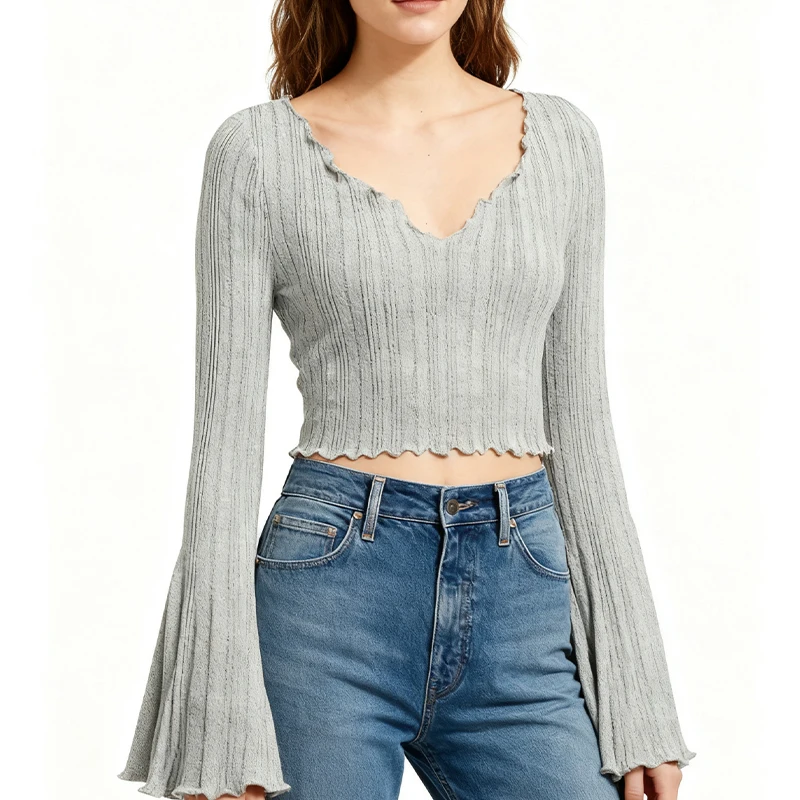 Y2K Женский комплект из 2 предметов с расклешенными рукавами и v-образным вырезом, вязаный укороченный топ в рубчик, весна-осень 2023, повседневная сексуальная тонкая футболка с длинным рукавом, женская одежда
Y2K Женский комплект из 2 предметов с расклешенными рукавами и v-образным вырезом, вязаный укороченный топ в рубчик, весна-осень 2023, повседневная сексуальная тонкая футболка с длинным рукавом, женская одежда
