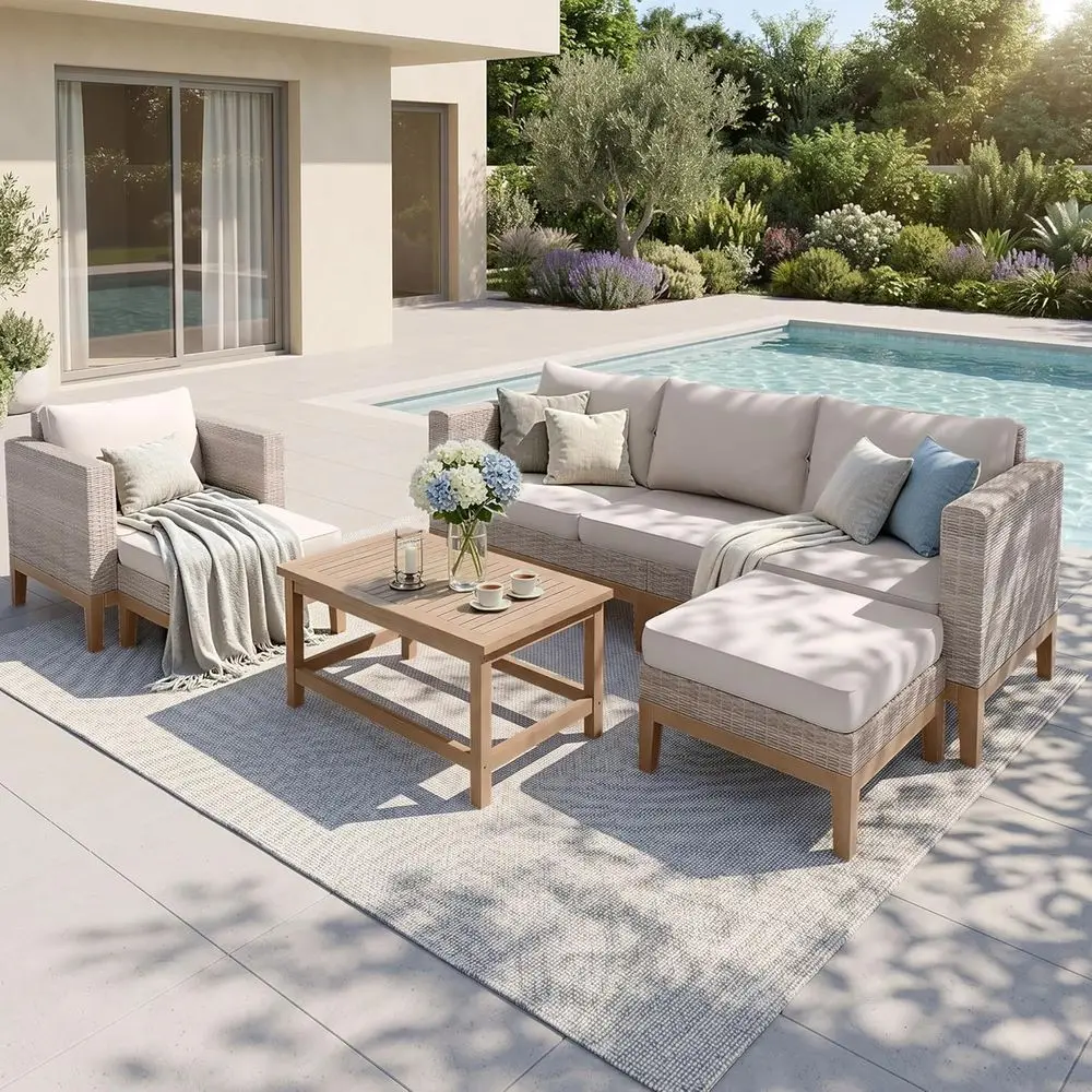 Patio urniture Set, 5-Piece Wicker Patio Contion Set, Rattan Outdoor Sectional Soas with Ottomans & Wooden Coee Table, Beige
Patio urniture Set, 5-Piece Wicker Patio Contion Set, Rattan Outdoor Sectional Soas with Ottomans & Wooden Coee Table, Beige