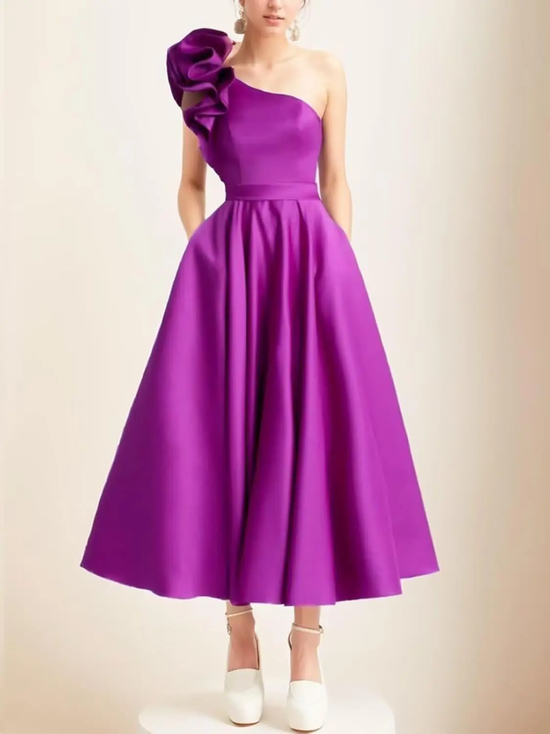 Elegant Women's One Shoulder Elegant Evening Dress with Pockets Satin Tea Length A Line Formal Wedding Guest Dress Prom Dresses
Elegant Women's One Shoulder Elegant Evening Dress with Pockets Satin Tea Length A Line Formal Wedding Guest Dress Prom Dresses