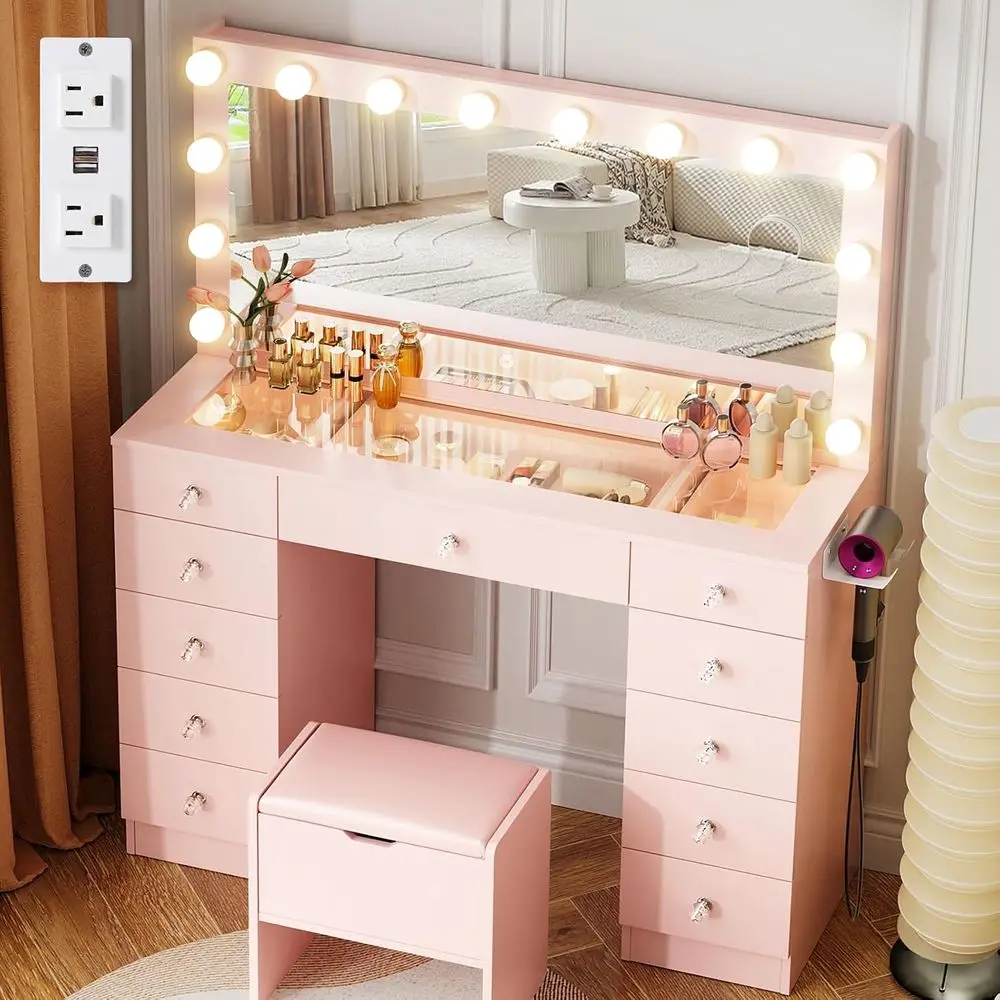 Vanity with Lighted Mirror - Makeup Vanity Desk with Glass Top and 11 Ders, 3 Color Lighting es Adjustable Brightn, 46" Vanity T
Vanity with Lighted Mirror - Makeup Vanity Desk with Glass Top and 11 Ders, 3 Color Lighting es Adjustable Brightn, 46" Vanity T