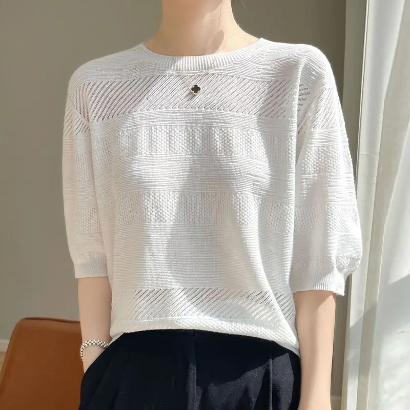Women Half Sleeve O-neck Hollow Out Pullover Sweater Office Lady T-shirt Knitwear Tops Pullover Ladies Temperament Knit Top Q862
Women Half Sleeve O-neck Hollow Out Pullover Sweater Office Lady T-shirt Knitwear Tops Pullover Ladies Temperament Knit Top Q862