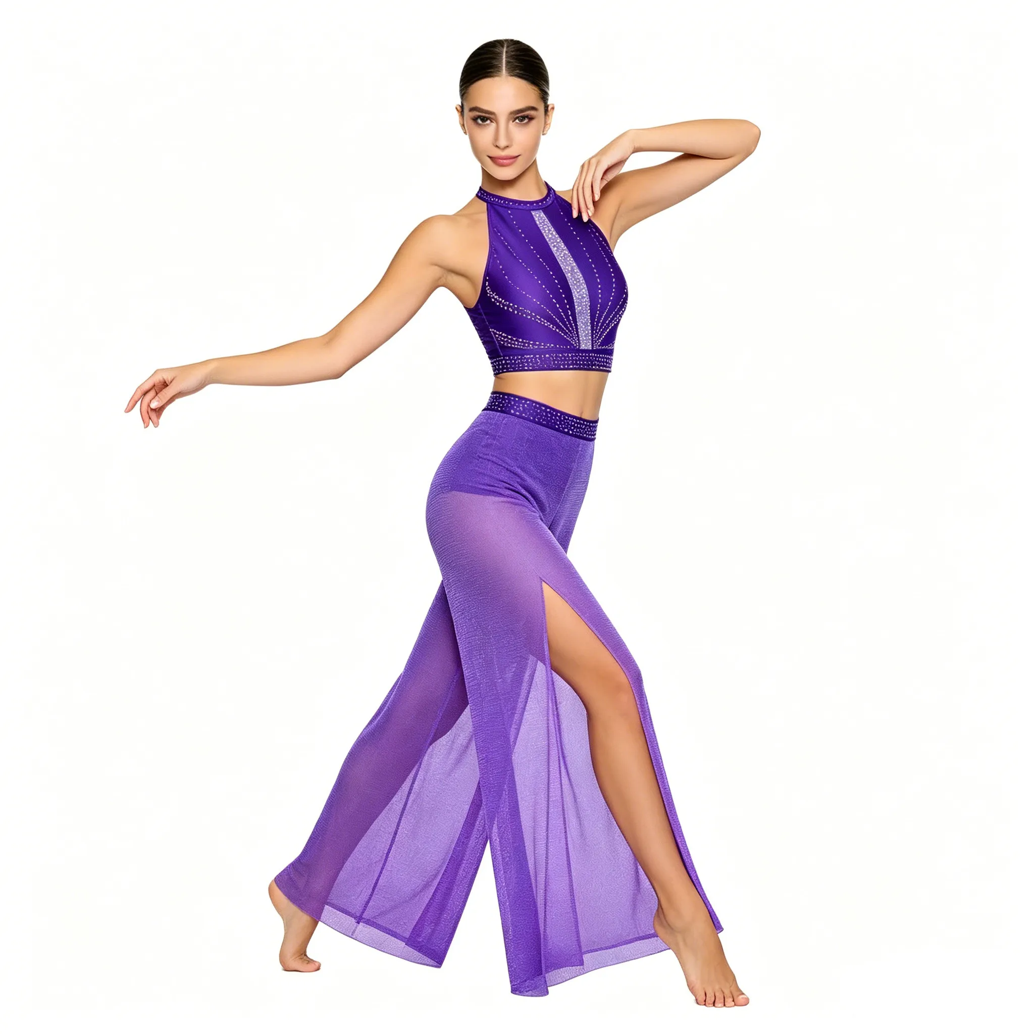 Women Rhinestones Modern Lyrical Dance Ballet Skating Gymnastics Outfit Crop Top with Sheer Mesh Wide Leg Pants Built-in Briefs
Women Rhinestones Modern Lyrical Dance Ballet Skating Gymnastics Outfit Crop Top with Sheer Mesh Wide Leg Pants Built-in Briefs
