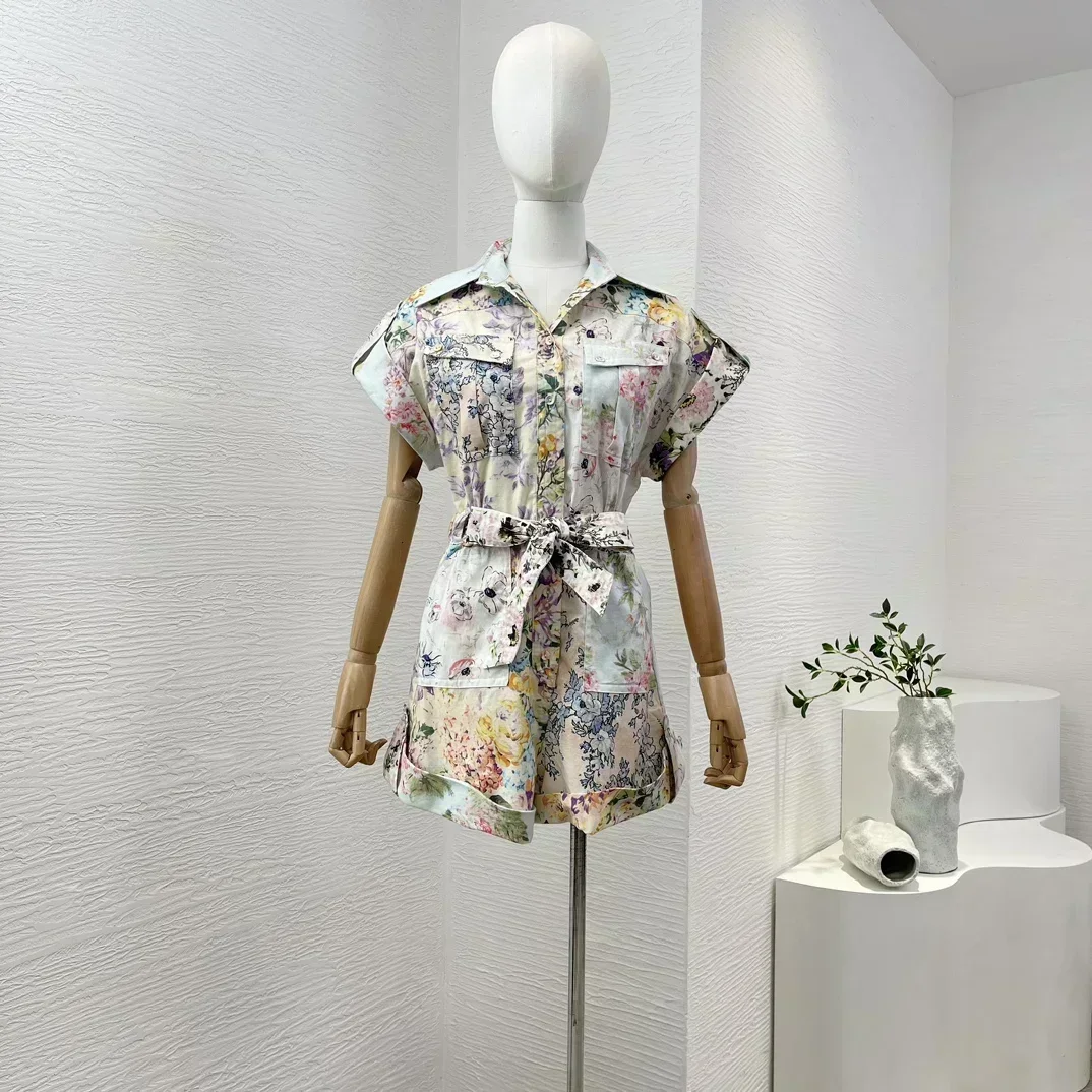 Summer Linen Top Quality New Women Clothing Floral Printing Short Sleeve Self Tie Waist Jumpsuit
Summer Linen Top Quality New Women Clothing Floral Printing Short Sleeve Self Tie Waist Jumpsuit