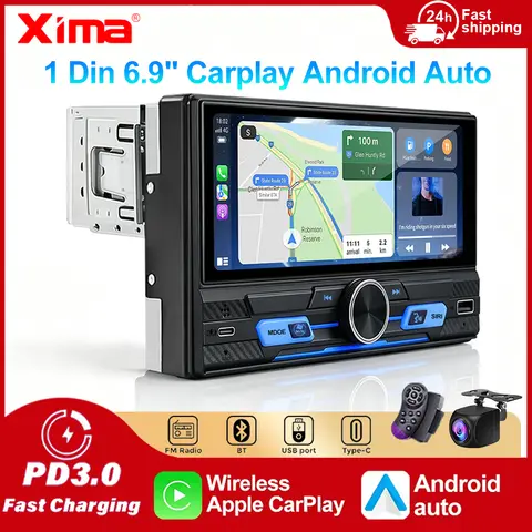 IPS 6.9'' Universal 1 Din Car Stereo Radio Wireless Carplay Android Auto Car Multimedia Autoradio TYPE C Fast Charger For iPhone