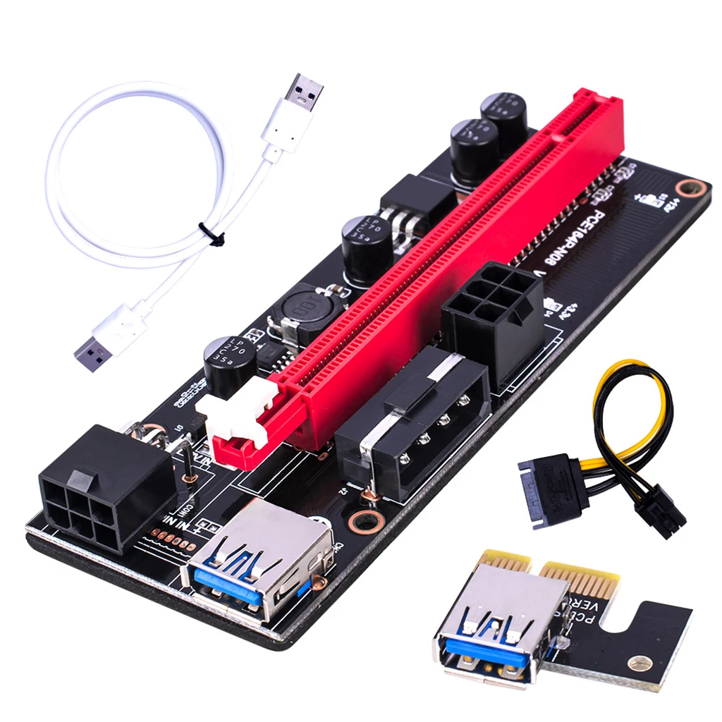 PCI-E Riser 009S PCI-E 1X to 16X Slot Adapter Riser Card with 60cm USB 3.0 Cable 6pin SATA Power Cable PCI Express Riser Card