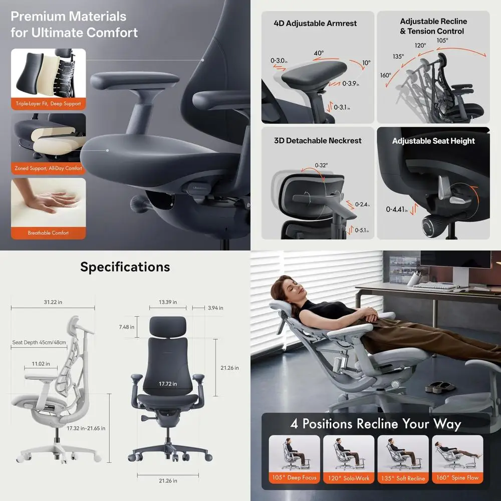 Adjustable Ergonomic Office Chair with Lumbar Support, 160° Recline, Spine Stretch, Long-Hour Comfort, Black, 48cm
Adjustable Ergonomic Office Chair with Lumbar Support, 160° Recline, Spine Stretch, Long-Hour Comfort, Black, 48cm