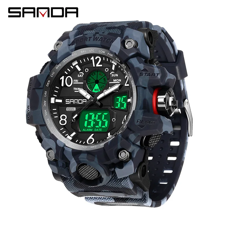 SANDA Brand Camouflage Electron Male Wristwatch Display Quartz Men Clock Outdoor Sports Military Mens Watch LED Digital Watches
SANDA Brand Camouflage Electron Male Wristwatch Display Quartz Men Clock Outdoor Sports Military Mens Watch LED Digital Watches