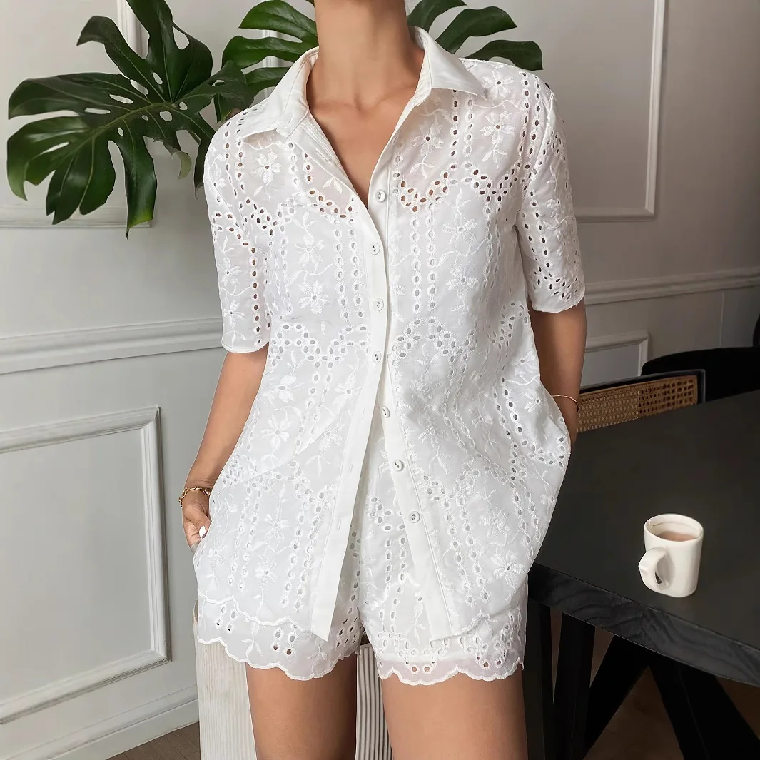Women Shorts Pant Set Two Piece Sets Turn Down Collar Shirt Wide Leg Short Pants Elastic Waist Y2k Streetwear Elegant Hollow Out
Women Shorts Pant Set Two Piece Sets Turn Down Collar Shirt Wide Leg Short Pants Elastic Waist Y2k Streetwear Elegant Hollow Out