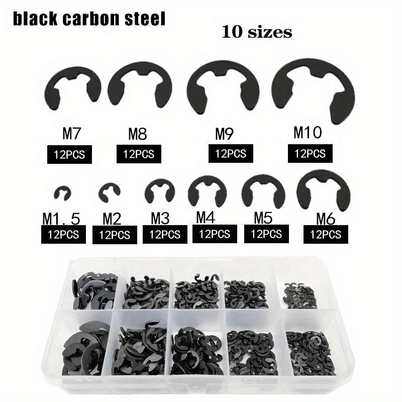 120pcs/Box Black Mini Practical Retaining Circlip Set Snap Ring E-Clip Washer Assortment For Shaft Fastener M1.5-M10
120pcs/Box Black Mini Practical Retaining Circlip Set Snap Ring E-Clip Washer Assortment For Shaft Fastener M1.5-M10
