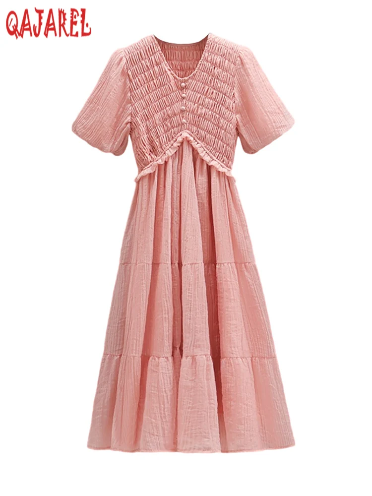 Women Pink Chic Pleated V-Neck Ruffled Long Dresses Summer Short Sleeve Casual Prom Clothes 2024 Korean Fashion Bodycon Vestidos
Women Pink Chic Pleated V-Neck Ruffled Long Dresses Summer Short Sleeve Casual Prom Clothes 2024 Korean Fashion Bodycon Vestidos