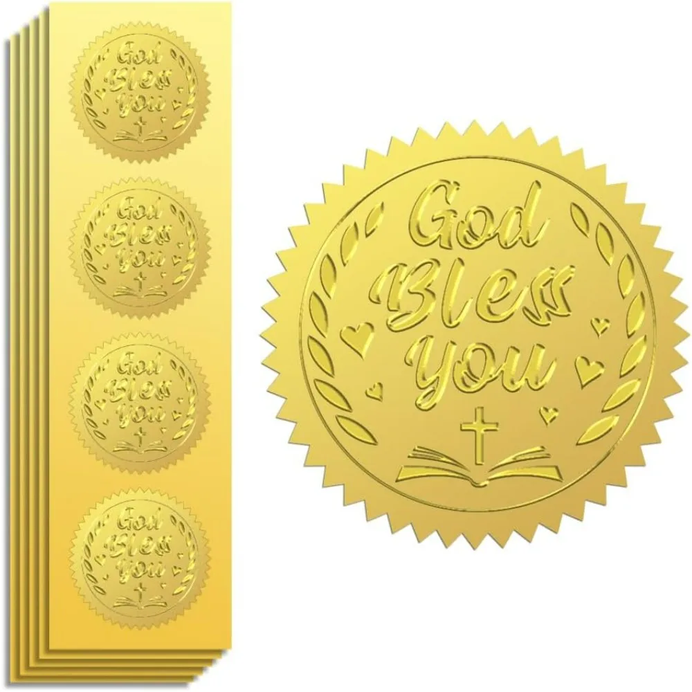 Наклейки из золотой фольги, уплотнения с тиснением God Bless You, 2 дюйма, 100 шт., самоклеящаяся наклейка с тиснением золотого цвета для конверта
Наклейки из золотой фольги, уплотнения с тиснением God Bless You, 2 дюйма, 100 шт., самоклеящаяся наклейка с тиснением золотого цвета для конверта