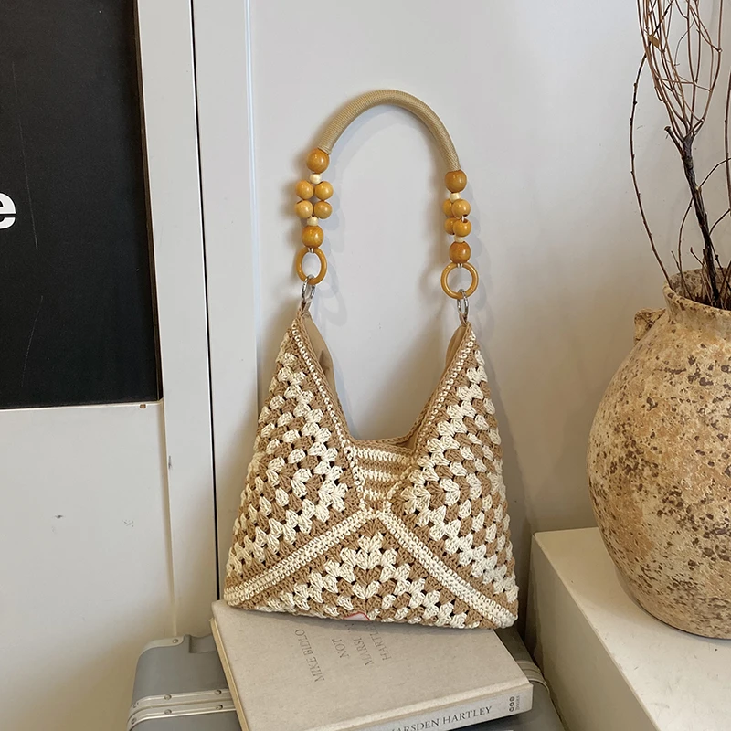 Summer Woven Tote Bag for Women Crochet Knit Shoulder Handbag with Wooden Bead Handle Beach Purse
Summer Woven Tote Bag for Women Crochet Knit Shoulder Handbag with Wooden Bead Handle Beach Purse