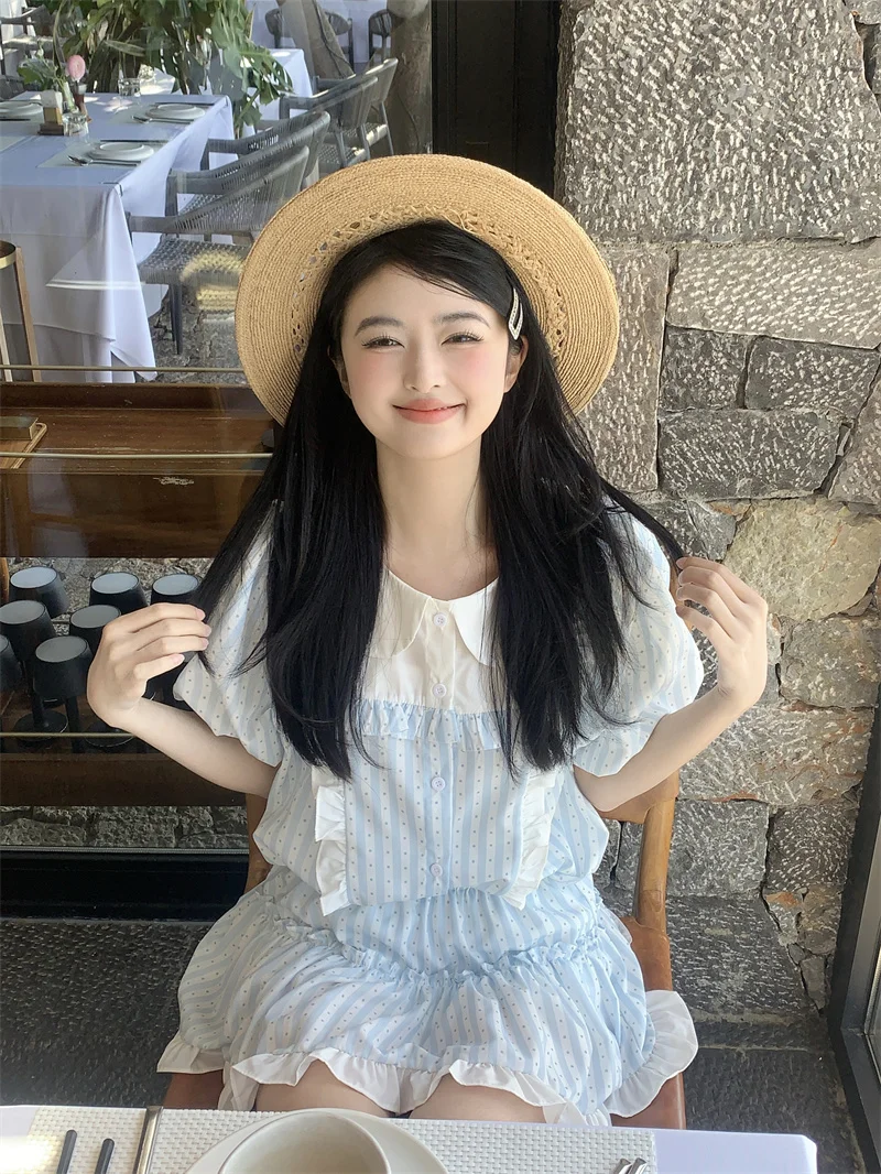 Sweet Style Blue Summer Shirt And High Waist Skirt Set Women's Short Sleeve Two-Piece Suit College Style Fashion Ensemble
Sweet Style Blue Summer Shirt And High Waist Skirt Set Women's Short Sleeve Two-Piece Suit College Style Fashion Ensemble