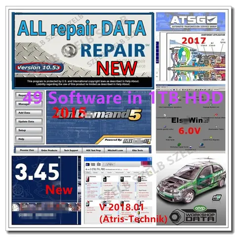 Logiciel de réparation automobile le plus récent : Données de réparation auto complètes 10.53, Autodata 3.45, Mitchell 2015, ATSG, Vivid Workshop, ElsaWin – 24 logiciels en 1 To
