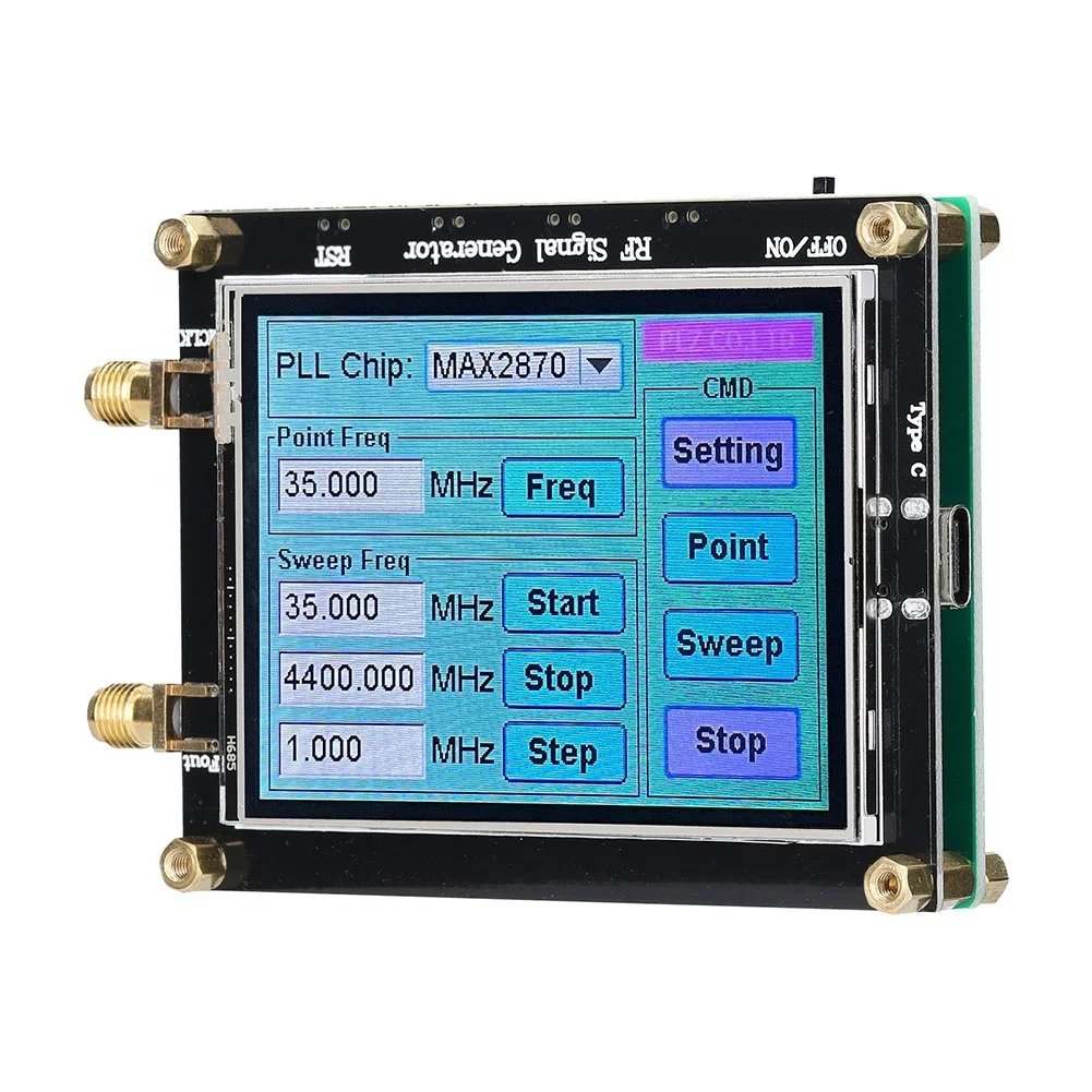 MAX2870 Signal Generator 23.5MHz-6000MHz Frequency Touching Screen Radio Frequency Signal Source PC Software Controls
MAX2870 Signal Generator 23.5MHz-6000MHz Frequency Touching Screen Radio Frequency Signal Source PC Software Controls