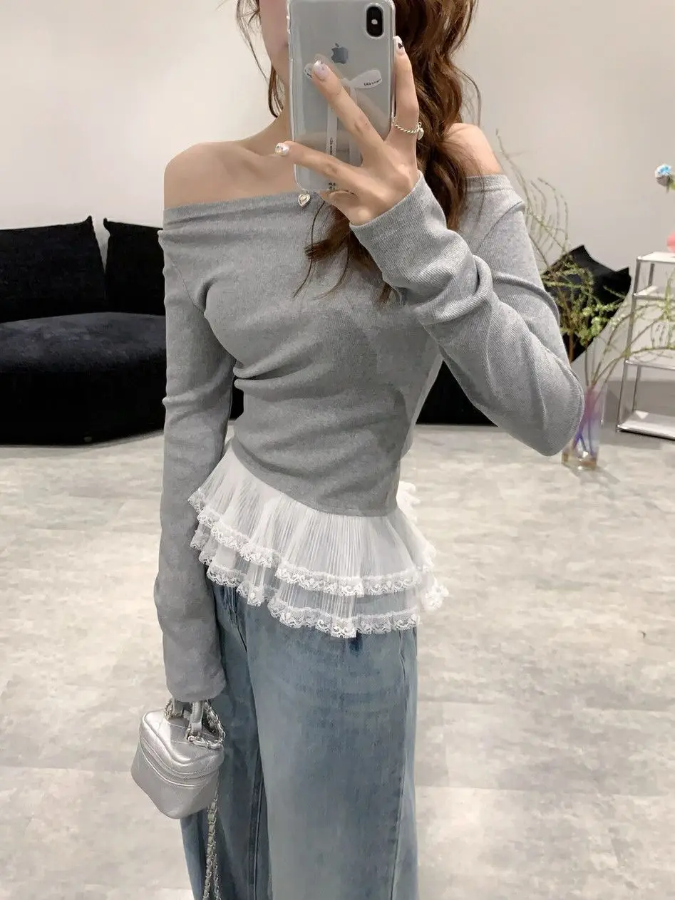 Korejpaa French Style Lace Patchwork T-shirt Women 2025 Spring New Slash Neck Off Shoulder Long Sleeve Top Gentle Slim T Shirts
Korejpaa French Style Lace Patchwork T-shirt Women 2025 Spring New Slash Neck Off Shoulder Long Sleeve Top Gentle Slim T Shirts