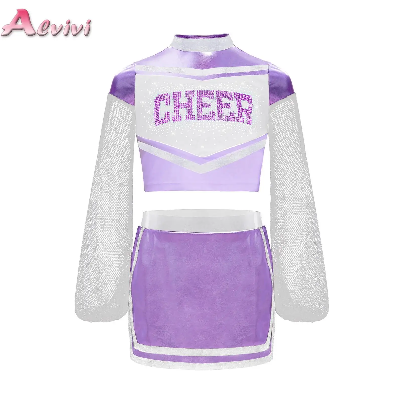 Kids Girls Cheerleading Uniform Hollow Out Long Sleeves Rhinestone Letters Crop Top with Side Slit Skirt Set for Jazz Hip Hop
Kids Girls Cheerleading Uniform Hollow Out Long Sleeves Rhinestone Letters Crop Top with Side Slit Skirt Set for Jazz Hip Hop