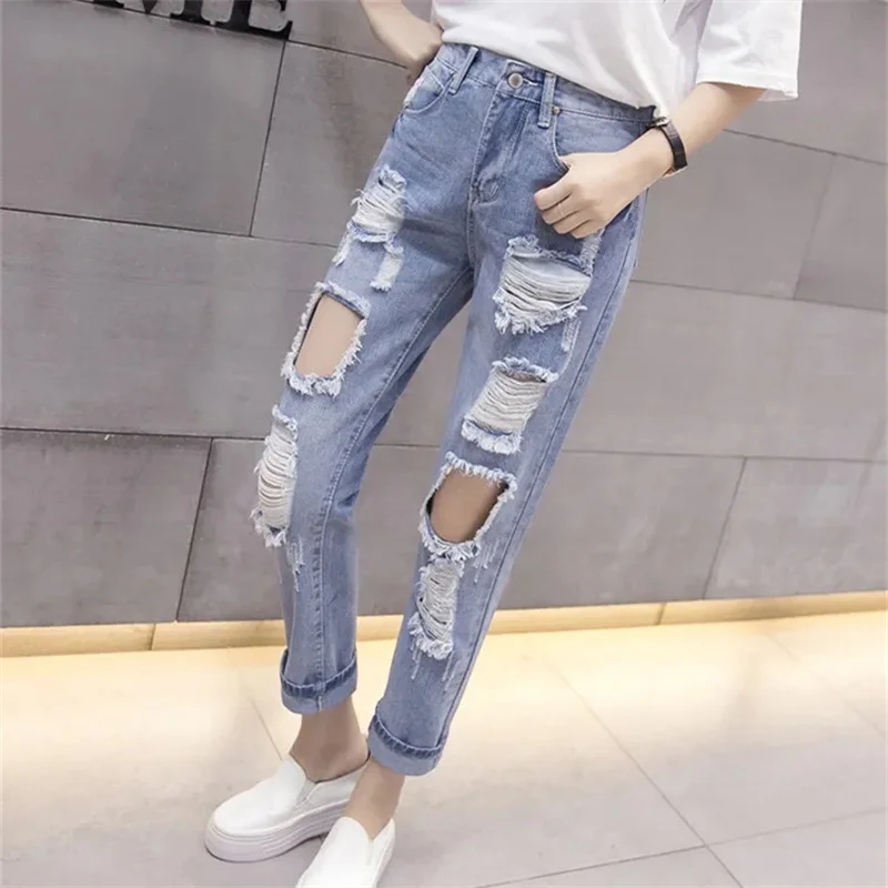 Summer Female High Waisted Hole Jeans Korean Women Solid Color Large Size 5XL Ripped Denim Pant Ladies Loose Fit Cowboy Trousers
Summer Female High Waisted Hole Jeans Korean Women Solid Color Large Size 5XL Ripped Denim Pant Ladies Loose Fit Cowboy Trousers