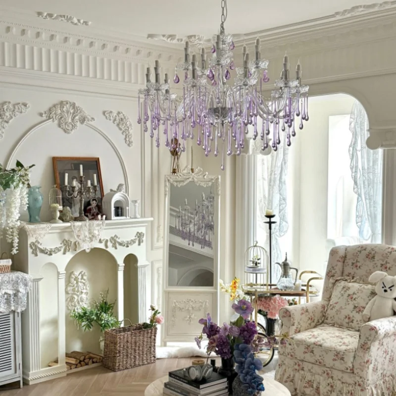 French style living room crystal chandelier, bedroom purple water droplet lamp, high-end dining room candle chandelier
French style living room crystal chandelier, bedroom purple water droplet lamp, high-end dining room candle chandelier