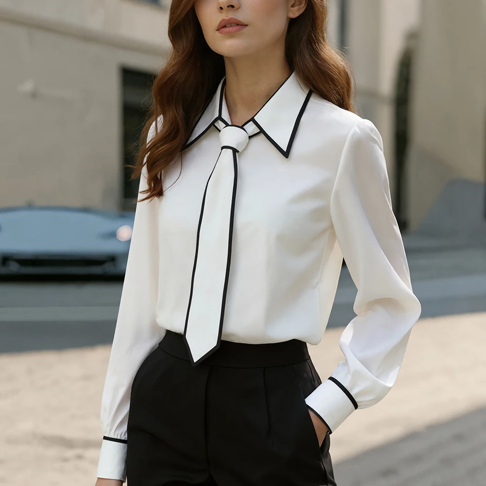 Женская блузка-рубашка, формальный галстук-бабочка, топы с длинными рукавами и контрастной отделкой, облегающая женская рабочая одежда, элегантная офисная женская рубашка 
Женская блузка-рубашка, формальный галстук-бабочка, топы с длинными рукавами и контрастной отделкой, облегающая женская рабочая одежда, элегантная офисная женская рубашка