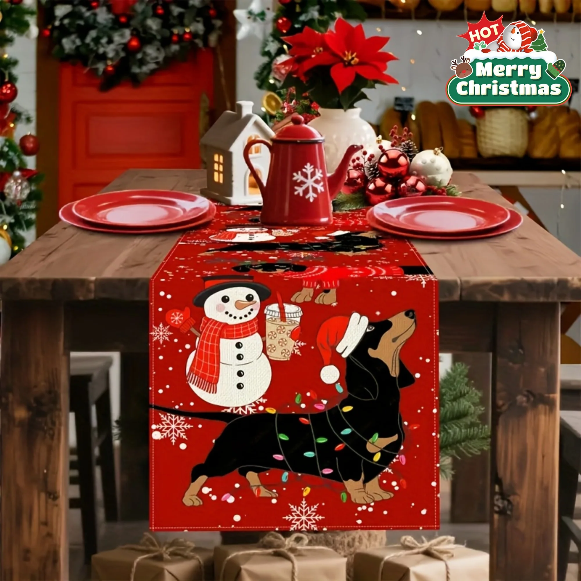 1pc Festive Christmas Table Runner - Snowman & German Shorthaired Pointer Design, Red & White Flat Print, Ideal for Family
1pc Festive Christmas Table Runner - Snowman & German Shorthaired Pointer Design, Red & White Flat Print, Ideal for Family