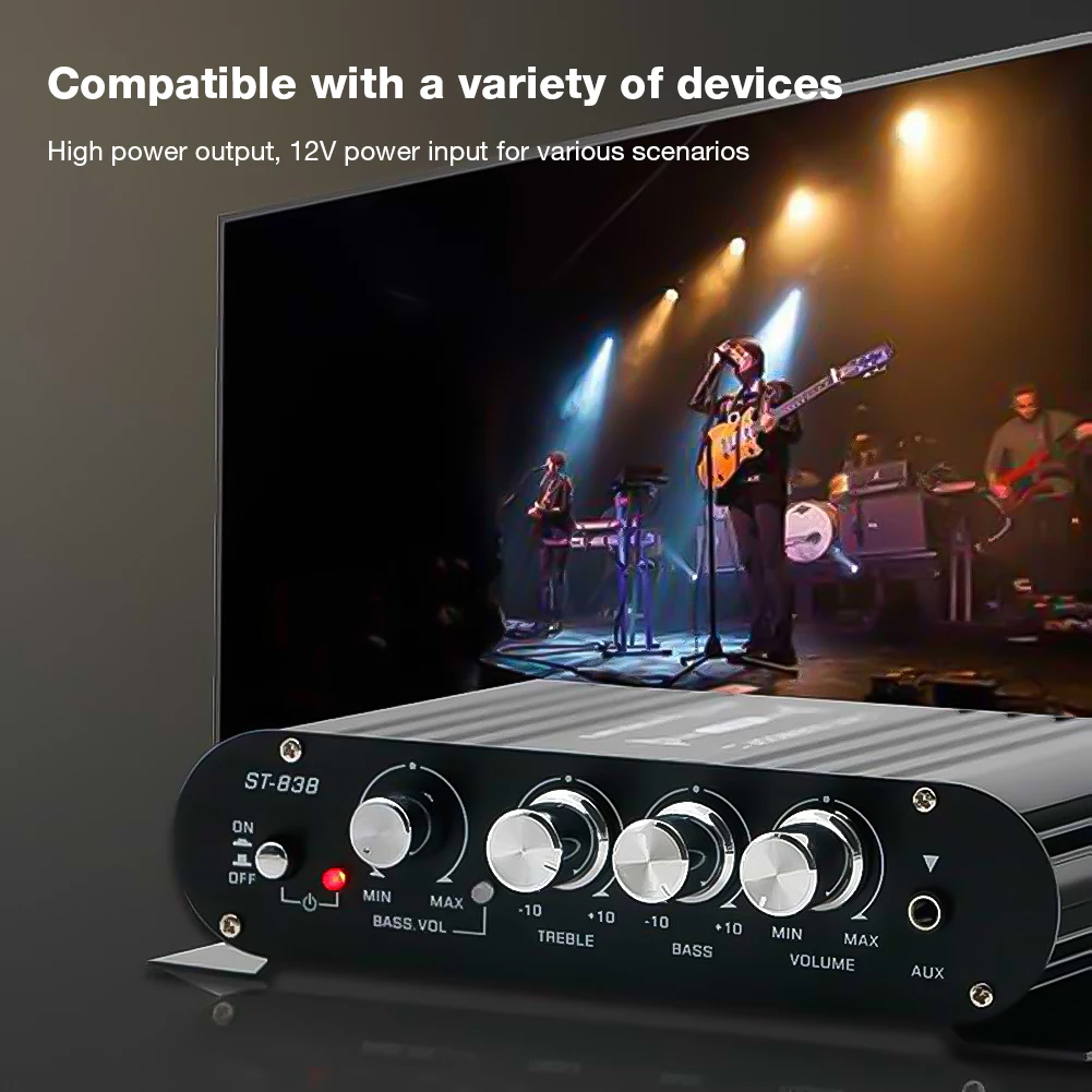 ST-838 HiFi 2.1-канальный стереоусилитель звука с регулировкой басов и высоких частот, 80Вт*2, мини-аудиоплеер
ST-838 HiFi 2.1-канальный стереоусилитель звука с регулировкой басов и высоких частот, 80Вт*2, мини-аудиоплеер
