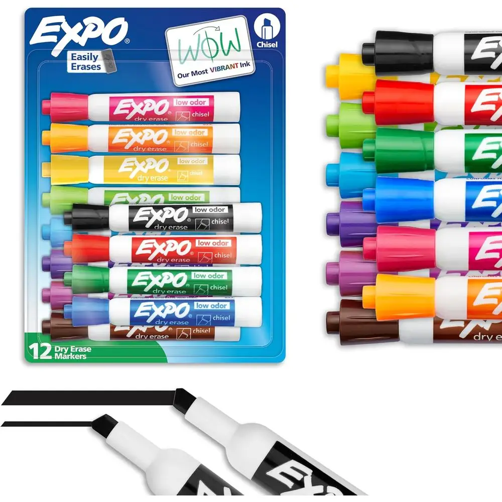 Chisel Tip Dry Erase Markers, Low Odor, Assorted Colors, 12 Pack
Chisel Tip Dry Erase Markers, Low Odor, Assorted Colors, 12 Pack