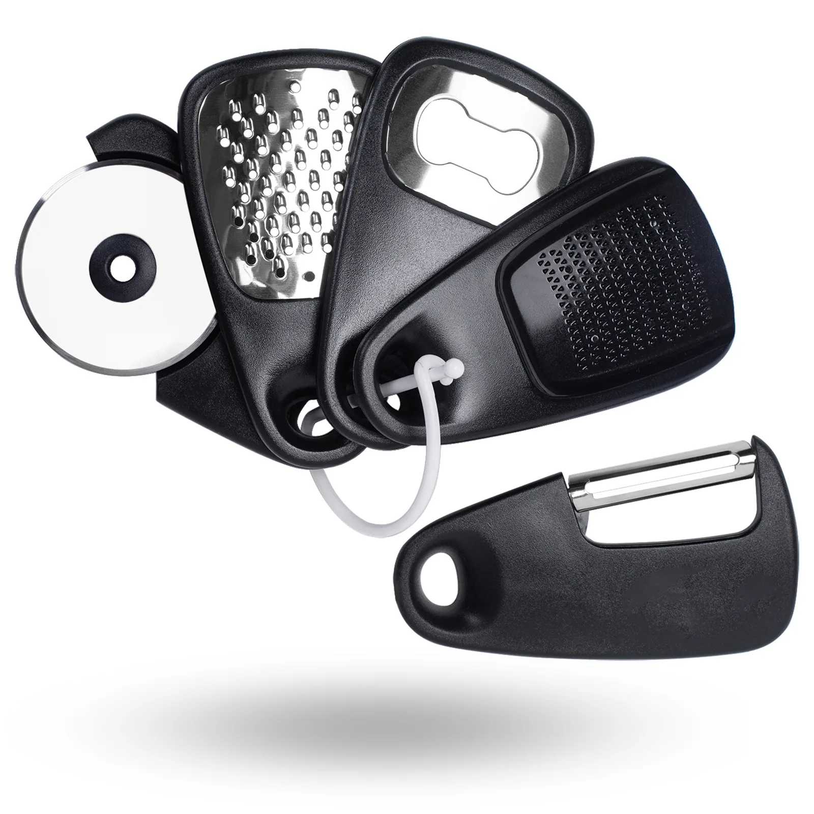 Peeler set, kitchen vegetable cutting tool, pizza knife, cheese grinder, bottle opener, slicer, five piece set
Peeler set, kitchen vegetable cutting tool, pizza knife, cheese grinder, bottle opener, slicer, five piece set