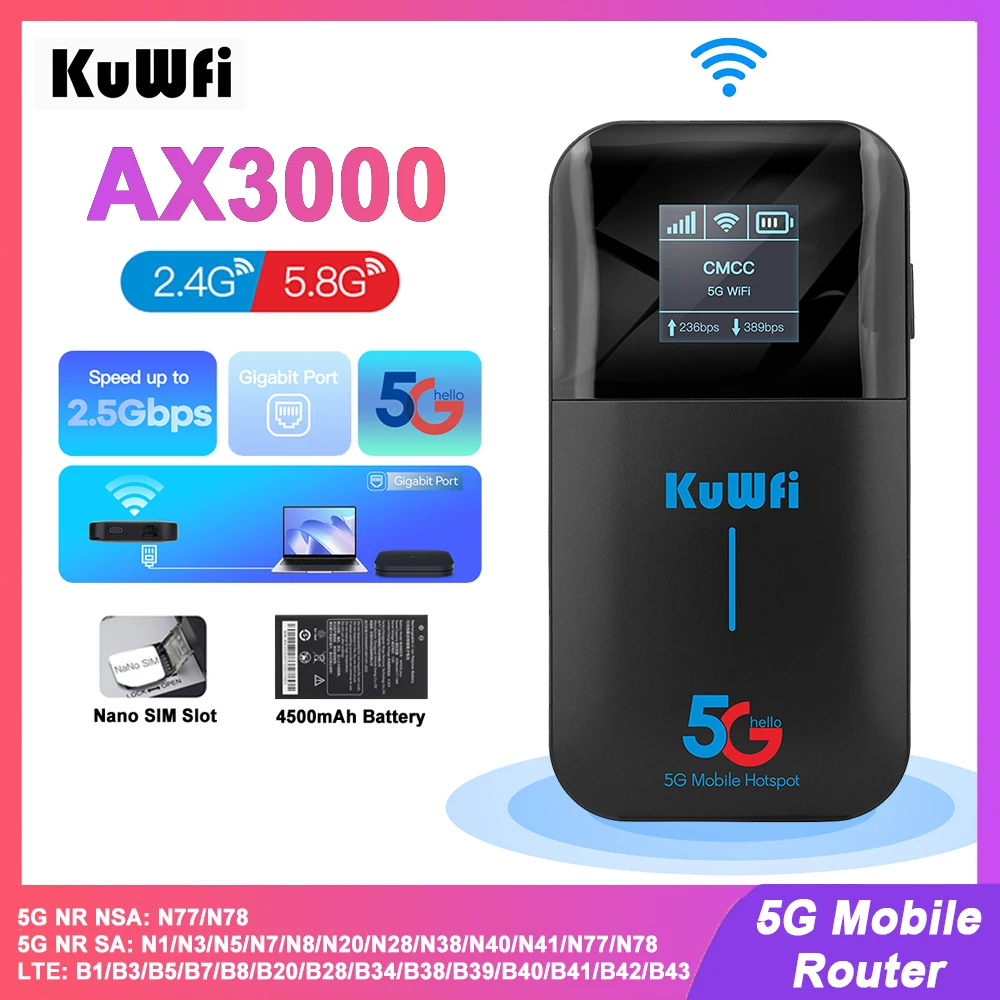 KuWFi 5G Mobile Hotspot Router,WiFi6 Portable Travel Router with 4500mAh Battery,Gigabit LAN, Unlocked 5G/4G,Supports 32 Devices
KuWFi 5G Mobile Hotspot Router,WiFi6 Portable Travel Router with 4500mAh Battery,Gigabit LAN, Unlocked 5G/4G,Supports 32 Devices