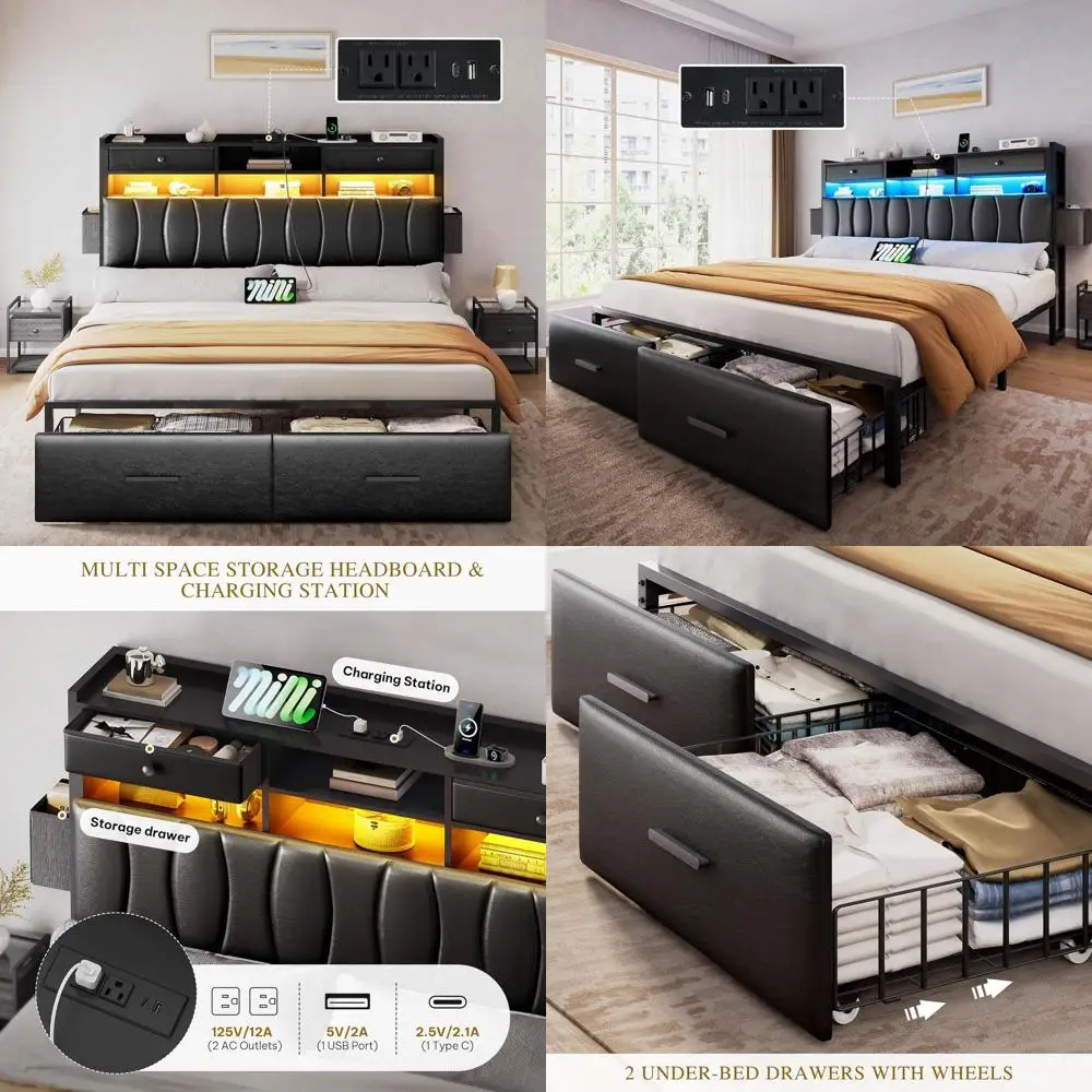 King Size Bed with 2 Drawers, Storage Board, LED Lights, Metal Frame, Box Spring Free, Noiseless, Black PU Leather
King Size Bed with 2 Drawers, Storage Board, LED Lights, Metal Frame, Box Spring Free, Noiseless, Black PU Leather