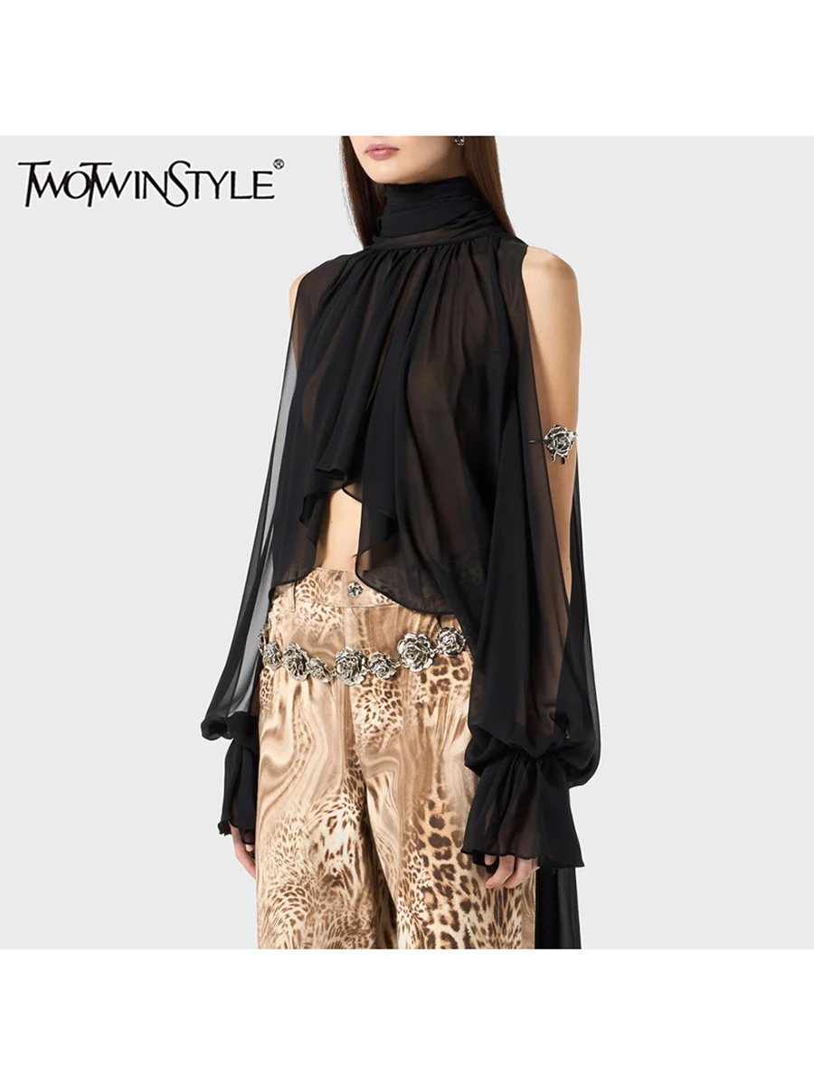 TWOTWINSTYLE Solid Irregular Shirts For Women High Neck Drop Sleeves Spliced Flods Temperament Shirt Female Fashion Clothing New
TWOTWINSTYLE Solid Irregular Shirts For Women High Neck Drop Sleeves Spliced Flods Temperament Shirt Female Fashion Clothing New