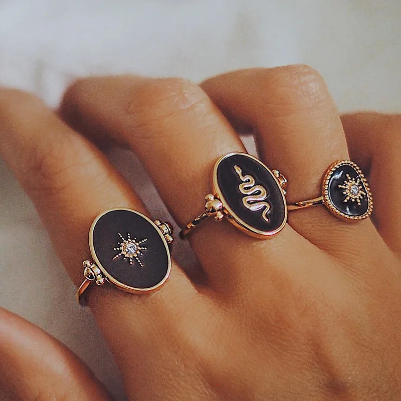 French Vintage Stackable Rings - Sun & Star Medallion Set, Gold Plated Serpentine Band with Crystal Accents
French Vintage Stackable Rings - Sun & Star Medallion Set, Gold Plated Serpentine Band with Crystal Accents