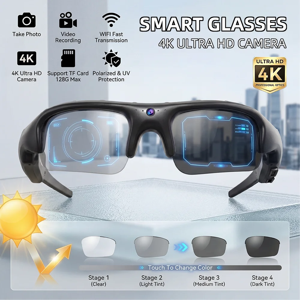 Photochromic Smart Glasses 4K HD WiFi Sports Wearable Video Voice Recorder Men Sunglasses for Vlogging Driving Polarized UV400
Photochromic Smart Glasses 4K HD WiFi Sports Wearable Video Voice Recorder Men Sunglasses for Vlogging Driving Polarized UV400