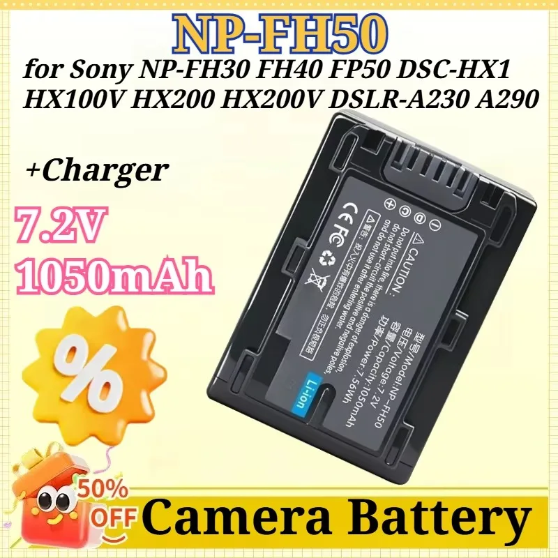 7.2V 1050mAh NP-FH50 NPFH50 Camera Battery for Sony NP-FH30 FH40 FP50 DSC-HX1 HX100V HX200 HX200V DSLR-A230 A290+Charger
7.2V 1050mAh NP-FH50 NPFH50 Camera Battery for Sony NP-FH30 FH40 FP50 DSC-HX1 HX100V HX200 HX200V DSLR-A230 A290+Charger