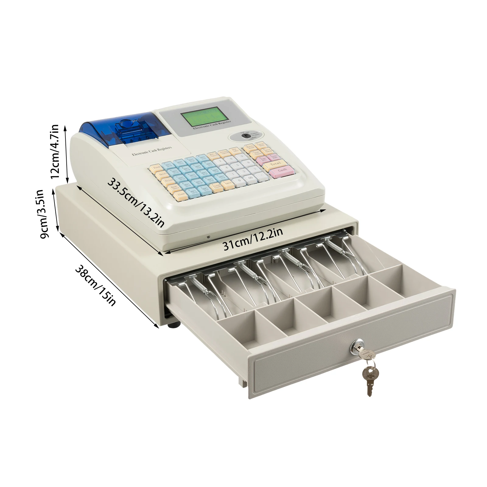 Cash Register, 4700 Lookups 50 Dept 50 Clerks, Quick Load Thermal Printer, Compact Size, Cash and Coin Drawer, White 
Cash Register, 4700 Lookups 50 Dept 50 Clerks, Quick Load Thermal Printer, Compact Size, Cash and Coin Drawer, White