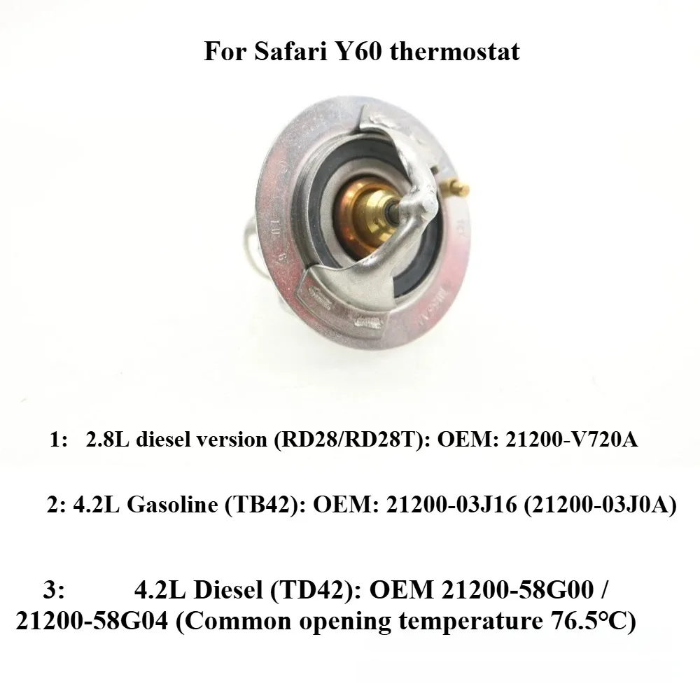 Compatible with 87-04 Nissan patrol vehicles Safari Y60 GU GQ TD42 RD28 TB42 thermostats
Compatible with 87-04 Nissan patrol vehicles Safari Y60 GU GQ TD42 RD28 TB42 thermostats
