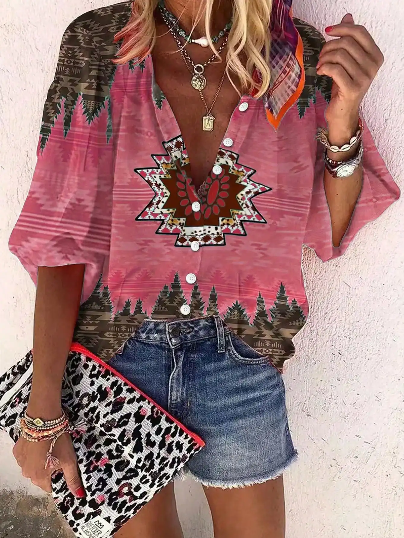 Women's Ethnic-Style Floral Print Shirt — Casual 3/4-Sleeve Blouse
Women's Ethnic-Style Floral Print Shirt — Casual 3/4-Sleeve Blouse