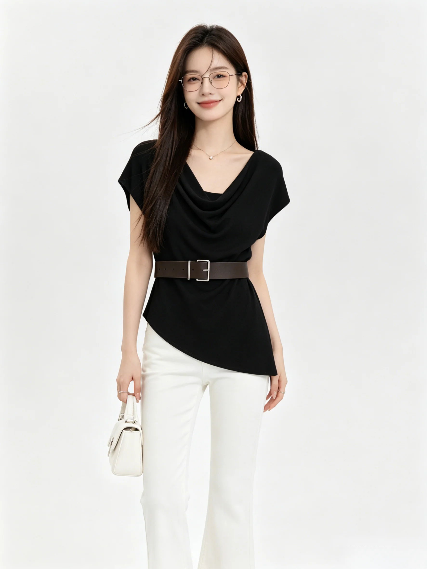 Elegant Korean Style Black Short Sleeve T-Shirt Women's Waist Cinching Slimming Asymmetrical Top Sweet Spicy Style Summer
Elegant Korean Style Black Short Sleeve T-Shirt Women's Waist Cinching Slimming Asymmetrical Top Sweet Spicy Style Summer
