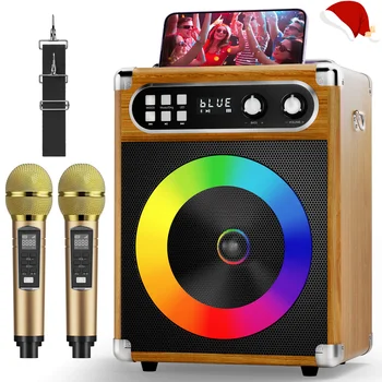 High Power Karaoke Bluetooth Speaker Music Rhythm Light 360 Stereo Surround Wireless Subwoofer with Dual Microphone Phone Hold