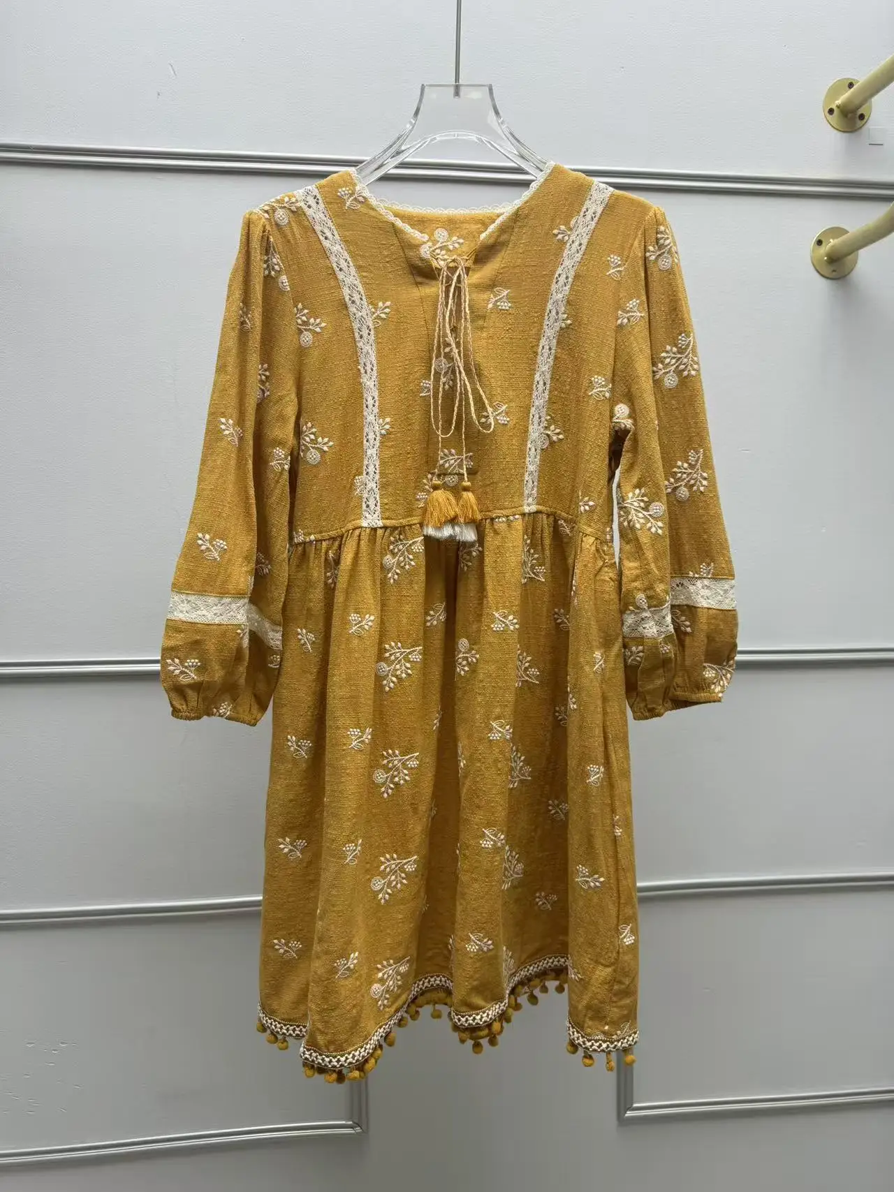 French Style Embroidered Floral Print Long Sleeve Dress with Belt Tassel Holiday Yellow Cotton Rayon Blend Women's Dress
French Style Embroidered Floral Print Long Sleeve Dress with Belt Tassel Holiday Yellow Cotton Rayon Blend Women's Dress