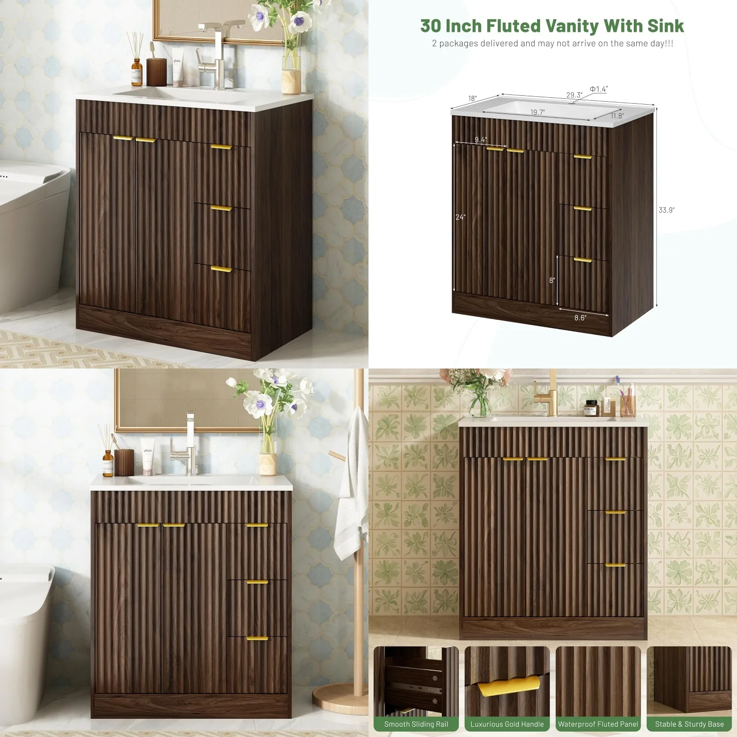 30 Inch Bathroom Vanity with Sink Modern Fluted Storage Cabinet Adjustable Shelf 2 Soft Close Doors 3 Drawers Walnut, Customized
30 Inch Bathroom Vanity with Sink Modern Fluted Storage Cabinet Adjustable Shelf 2 Soft Close Doors 3 Drawers Walnut, Customized