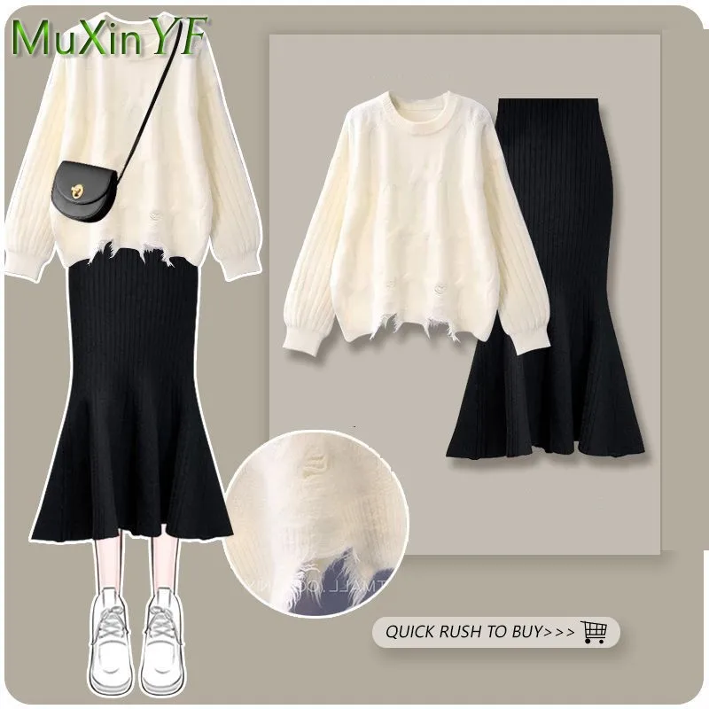 Women's Autumn Winter New Broken Hole Knitted Sweater Fish Tail Midi Skirt Two Piece Korean Elegant Pullover Dress Matching Set
Women's Autumn Winter New Broken Hole Knitted Sweater Fish Tail Midi Skirt Two Piece Korean Elegant Pullover Dress Matching Set