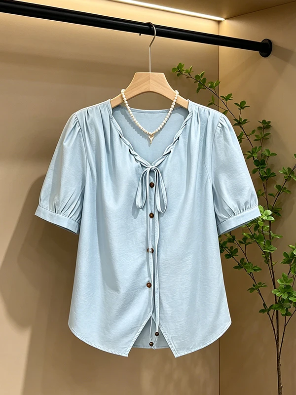 Blue V-Neck Short Sleeve Shirt Women's plus Size Summer New Style Korean Version Straight Cut Knot Commute Wind Shirt
Blue V-Neck Short Sleeve Shirt Women's plus Size Summer New Style Korean Version Straight Cut Knot Commute Wind Shirt