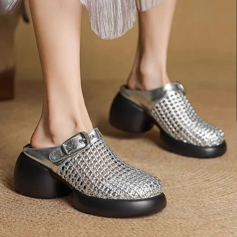 Mesh Platform High Heels Weave Women Slippers Hollow Sandals Mules Casual Shoes Woman 2025 Summer Fad Beach Loafers Slides Dress 
Mesh Platform High Heels Weave Women Slippers Hollow Sandals Mules Casual Shoes Woman 2025 Summer Fad Beach Loafers Slides Dress