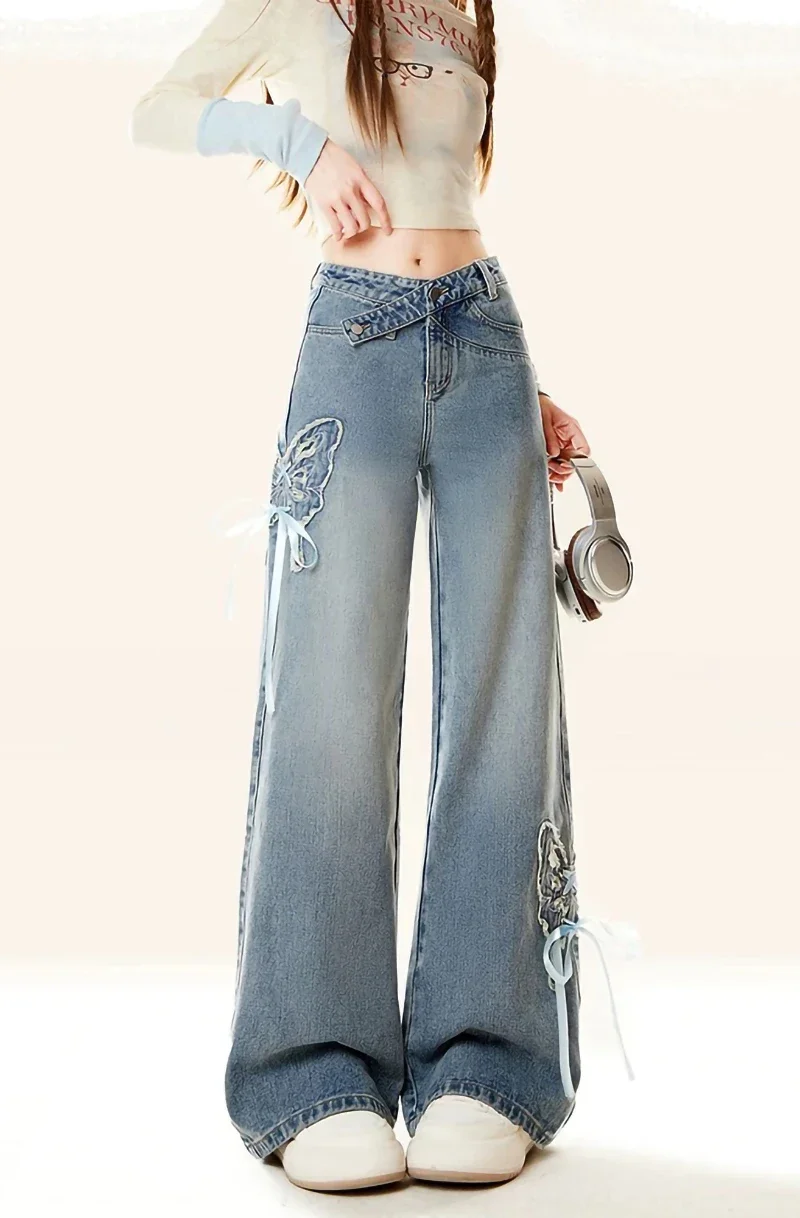 Женские винтажные синие джинсы с вышивкой и бантом Y2k Harajuku, японские джинсовые брюки больших размеров 2000-х годов, мешковатые джинсы, мусорная одежда, брюки 
Женские винтажные синие джинсы с вышивкой и бантом Y2k Harajuku, японские джинсовые брюки больших размеров 2000-х годов, мешковатые джинсы, мусорная одежда, брюки