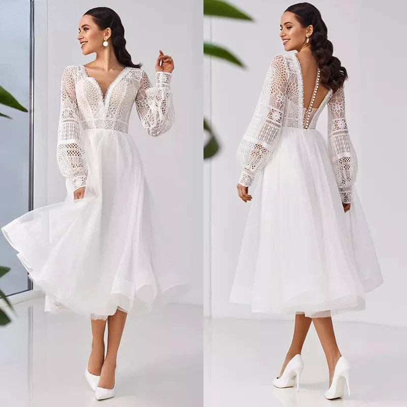 Tea Length V-Neck Wedding Dress Lantern Long Sleeve Lace Illusion Button Back Boho Beach Short Bridal Gown Vestido De Novia 2023
Tea Length V-Neck Wedding Dress Lantern Long Sleeve Lace Illusion Button Back Boho Beach Short Bridal Gown Vestido De Novia 2023
