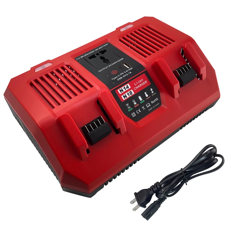 6A Fast-Charge Dual-Port Battery Charger with Inverter USB Port for Milwaukee 18V Lithium Battery Supports Simultaneous Charging
6A Fast-Charge Dual-Port Battery Charger with Inverter USB Port for Milwaukee 18V Lithium Battery Supports Simultaneous Charging