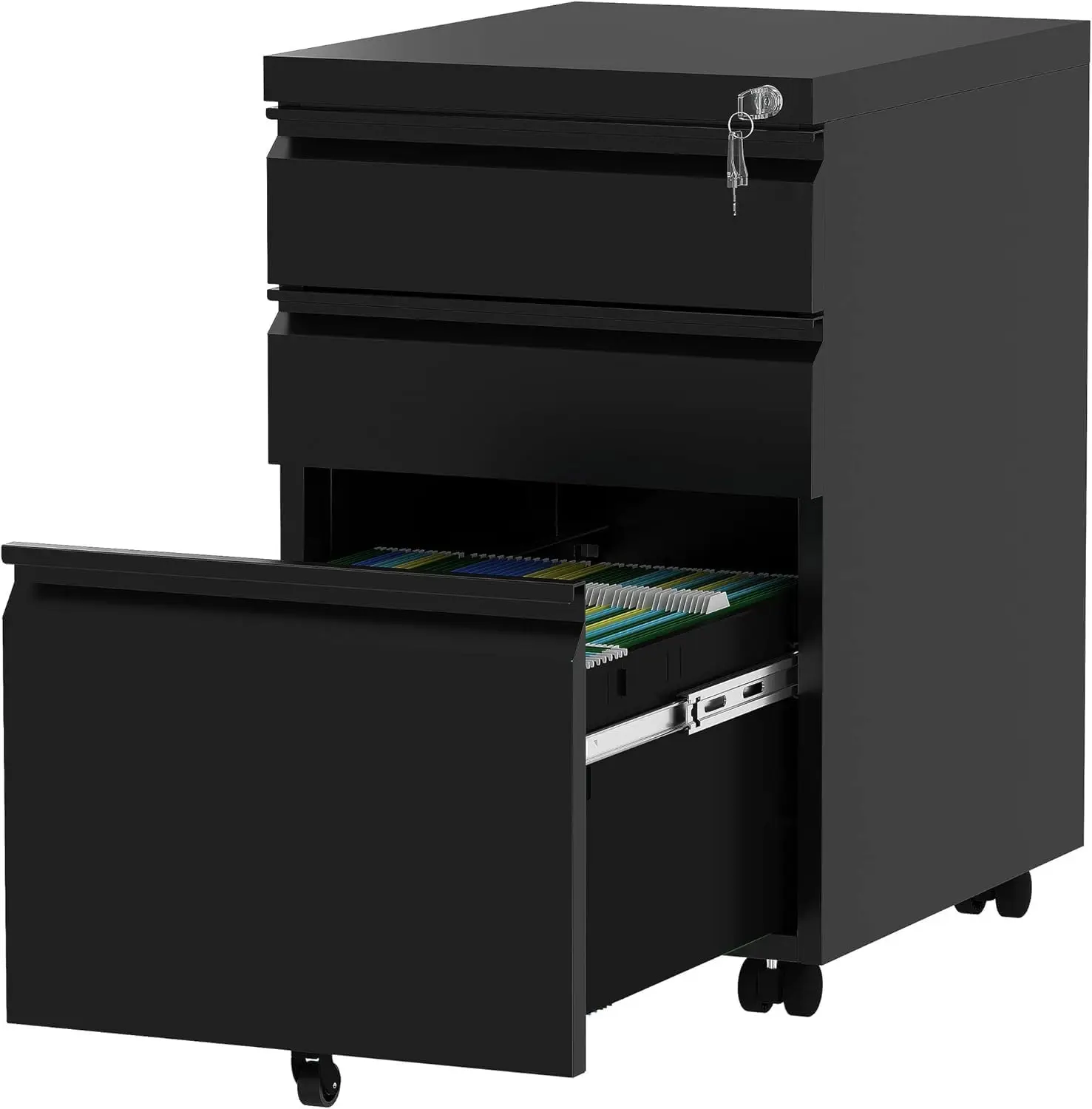3-Drawer Rolling Filing Cabinet with Lock, Hanging Bars & Pencil Tray, Pre-Assembled Metal Under Desk Storage (Black)
3-Drawer Rolling Filing Cabinet with Lock, Hanging Bars & Pencil Tray, Pre-Assembled Metal Under Desk Storage (Black)