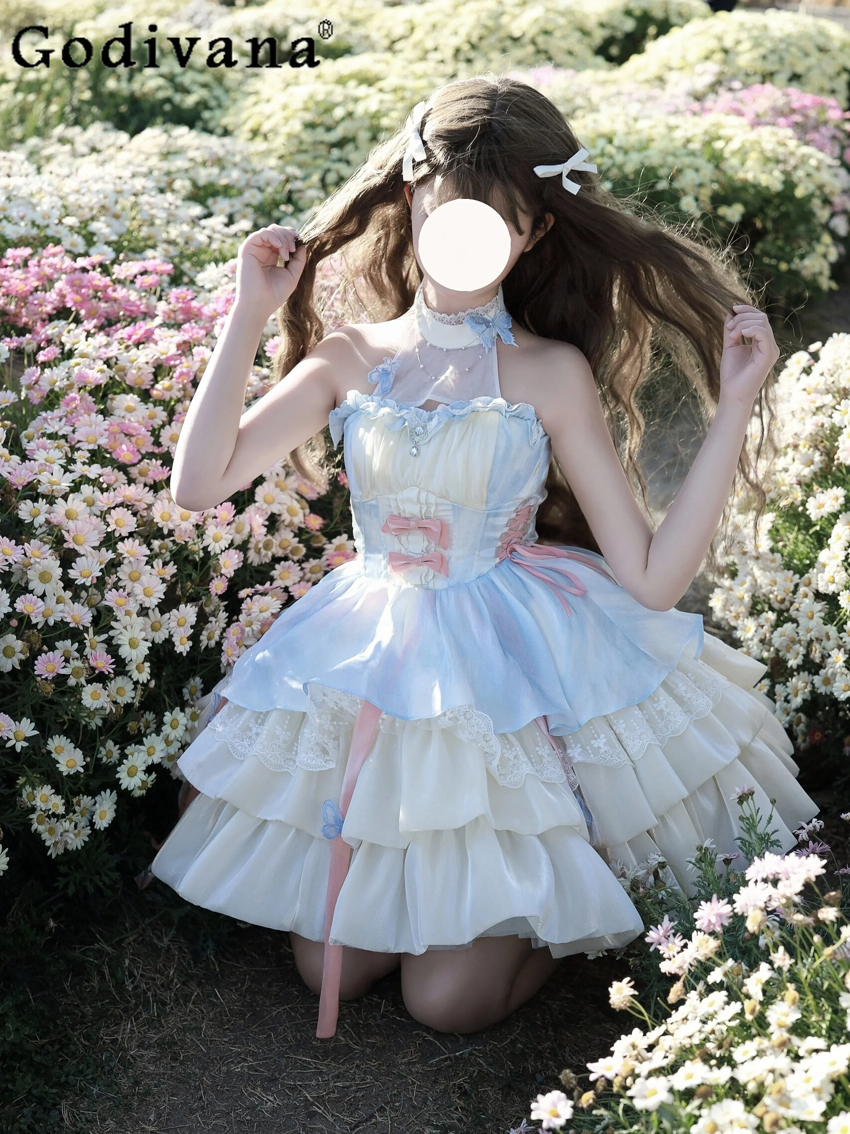 Summer Girly Harajuku Cute Bow Ruffle Ribbon Halter Princess Dress Japanese Lolita Sling Dress Women Fashion Elegant Party Dress
Summer Girly Harajuku Cute Bow Ruffle Ribbon Halter Princess Dress Japanese Lolita Sling Dress Women Fashion Elegant Party Dress